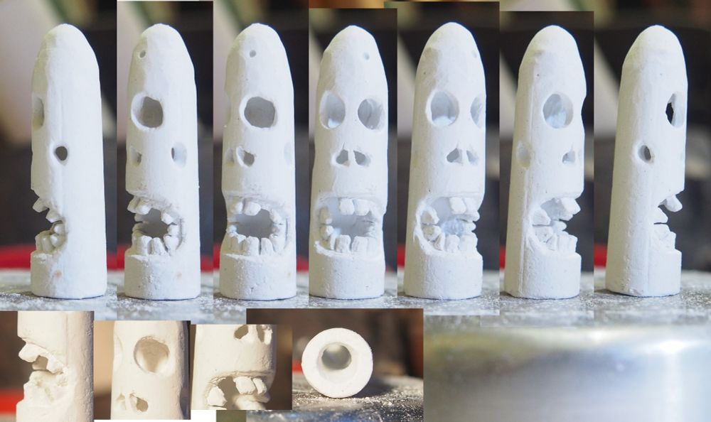 Several views from different angles of a bit of chalk that has been carved to look like like a skull, not human, but maybe almost? The eyes sockets, nasal cavities and mouth show you the inside is hollow. The mouth has many teeth, with a few gaps. 