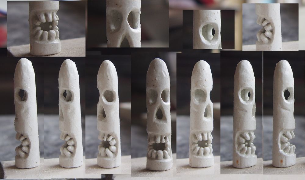 Different monster, same look. The head is a bit pointier.

Several views from different angles of a bit of chalk that has been carved to look like like a skull, not human, but maybe almost? The eyes sockets, nasal cavities and mouth show you the inside is hollow. The mouth has many teeth.