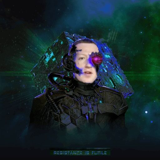 A meld of the Borg Picard and Mark Z. Behind, the Borg cube. Below, the line ‘Resistance is futile.’