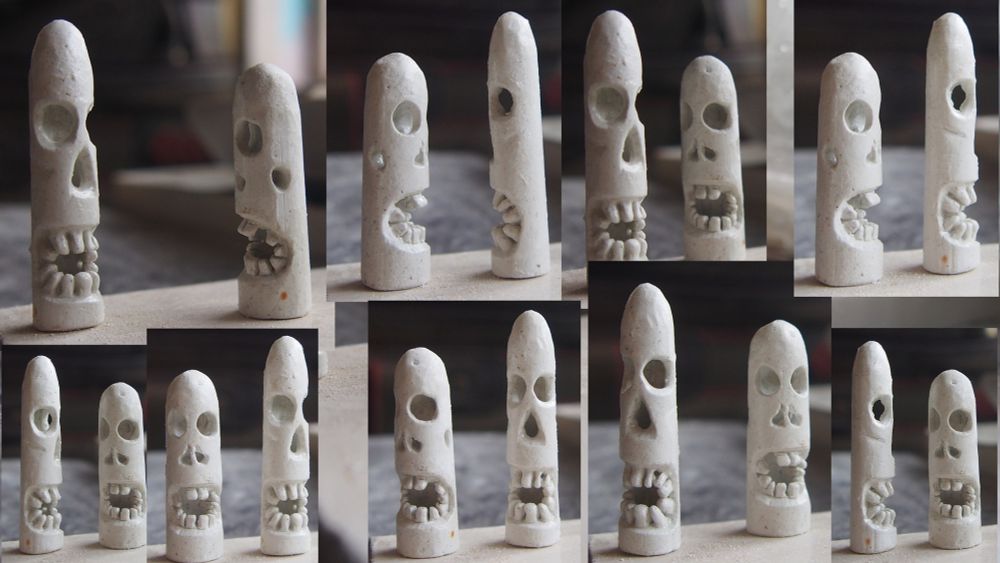 The two monsters together. Several views in a collage.