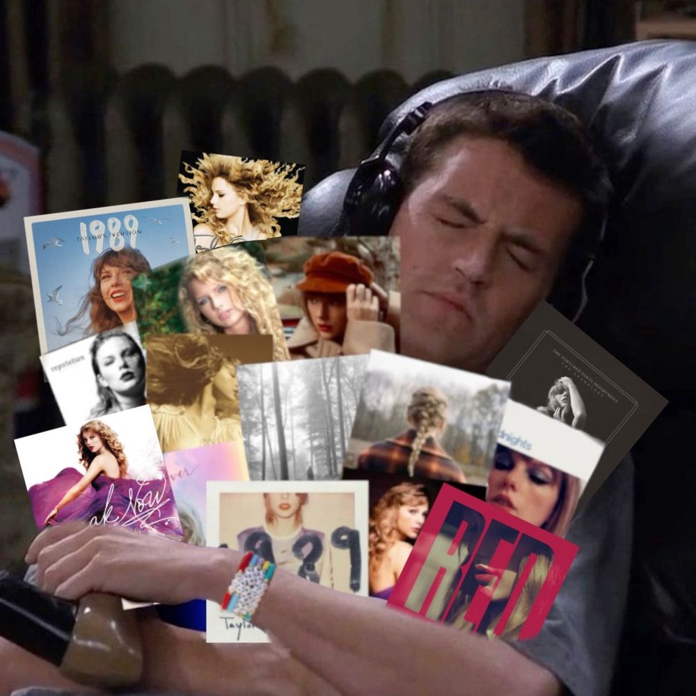 Chandler Bing hugging all of Taylor swifts albums 