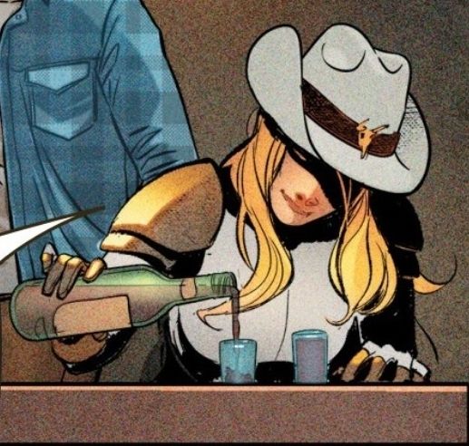 sharon carter in thunderbolts doomstike wearing a cowbow hat and pouring herself  some alcohol