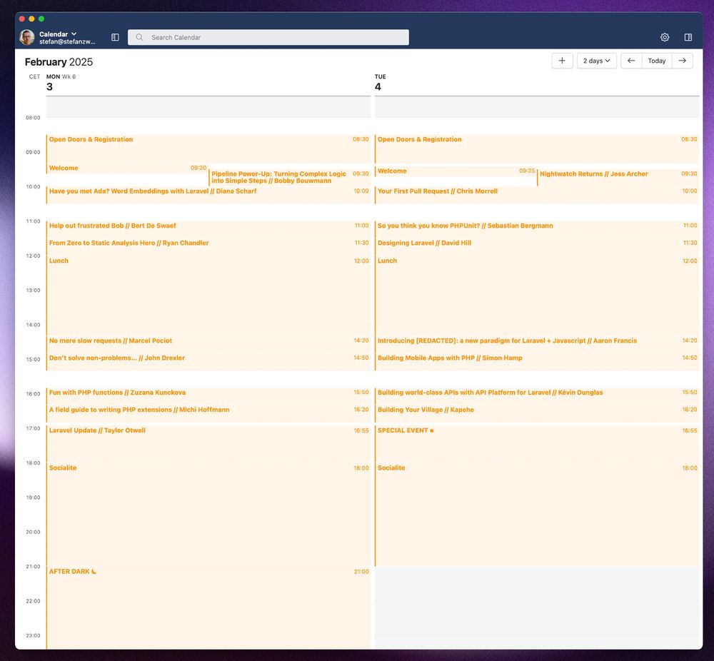 Screenshot of a calendar app showing the schedule of Laracon EU 2025.
