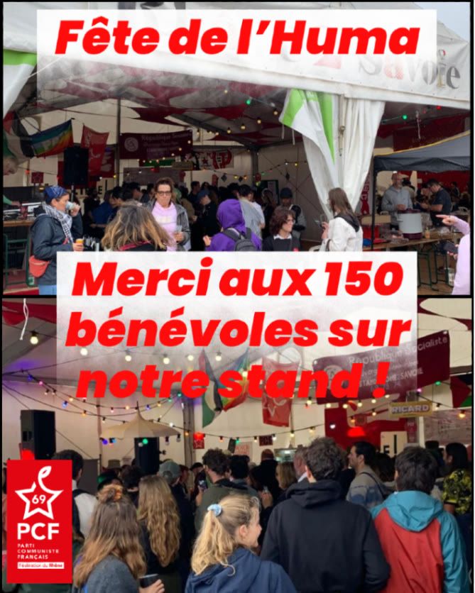 2 Photos du stand de la fête de l'huma avec beaucoup de monde
Logo Pcf FD Rhône en bas à gauche