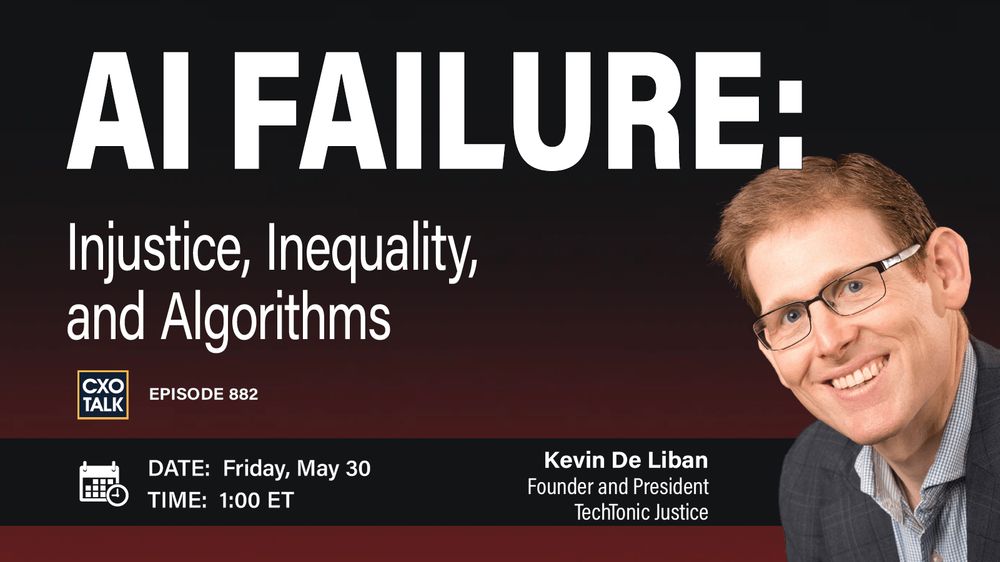 Rectangular artwork with a dark red background and white text that says, "AI Failure: Injustice, Inequality, and Algorithms." The text lists the event time as 1 pm eastern time on Friday, May 30. The artwork also features a picture of a smiling white man with glasses named Kevin De Liban. 