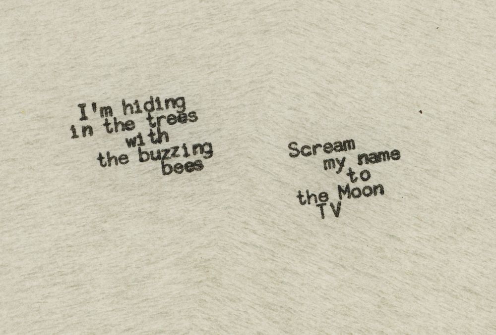 the typewritten Graphic Art Vandelay's daughter, in a particular canted layout against a curiously textured beige, as follows:

I’m hiding in the trees with the buzzing bees
Scream my name to the Moon TV