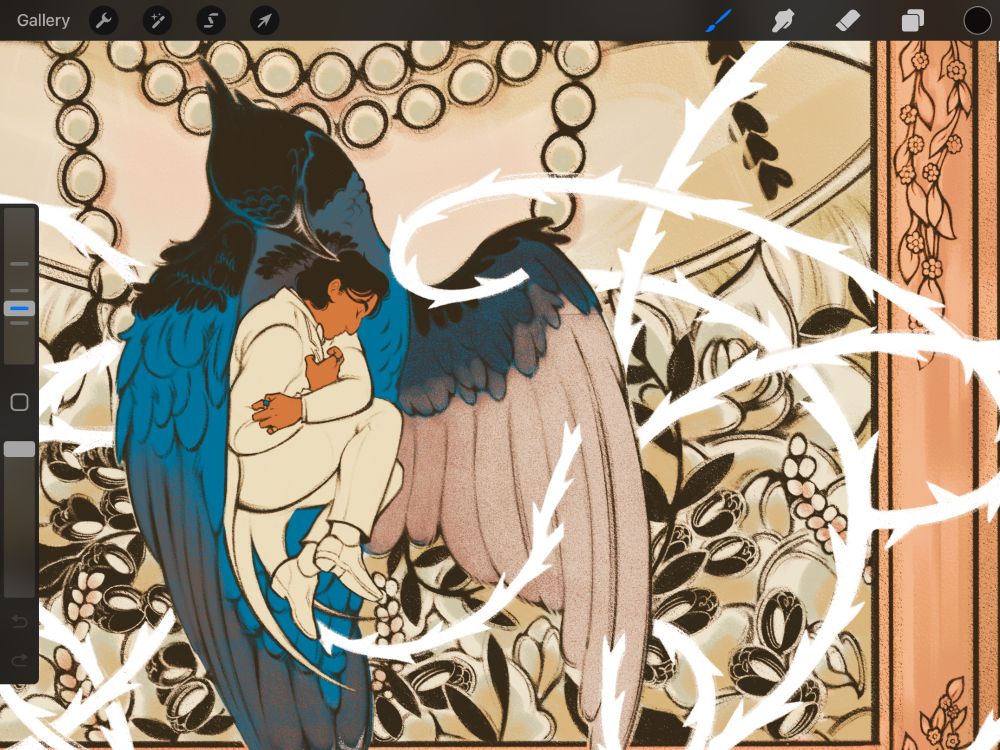 Procreate WIP of Gatsby in a white coattail suit in a blue stellar jay with white thorns entangling them