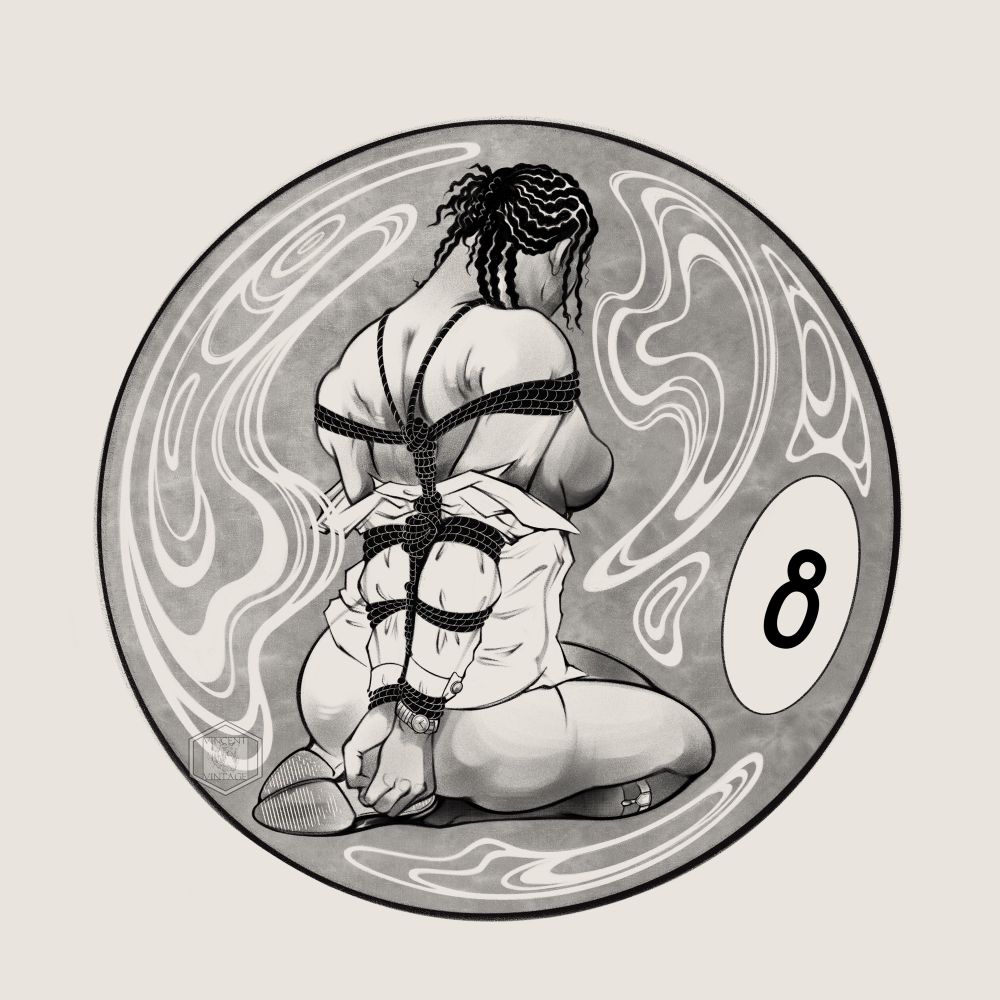 Black and White illustration of a transmasc figure tied up inside a pool table 8 ball. White swirls surrounding him. 