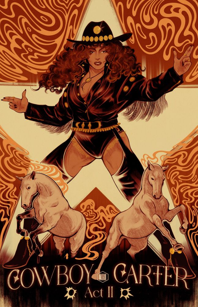 Beyoncé in cowboy outfit with two white horses at her feet and a white star behind her
