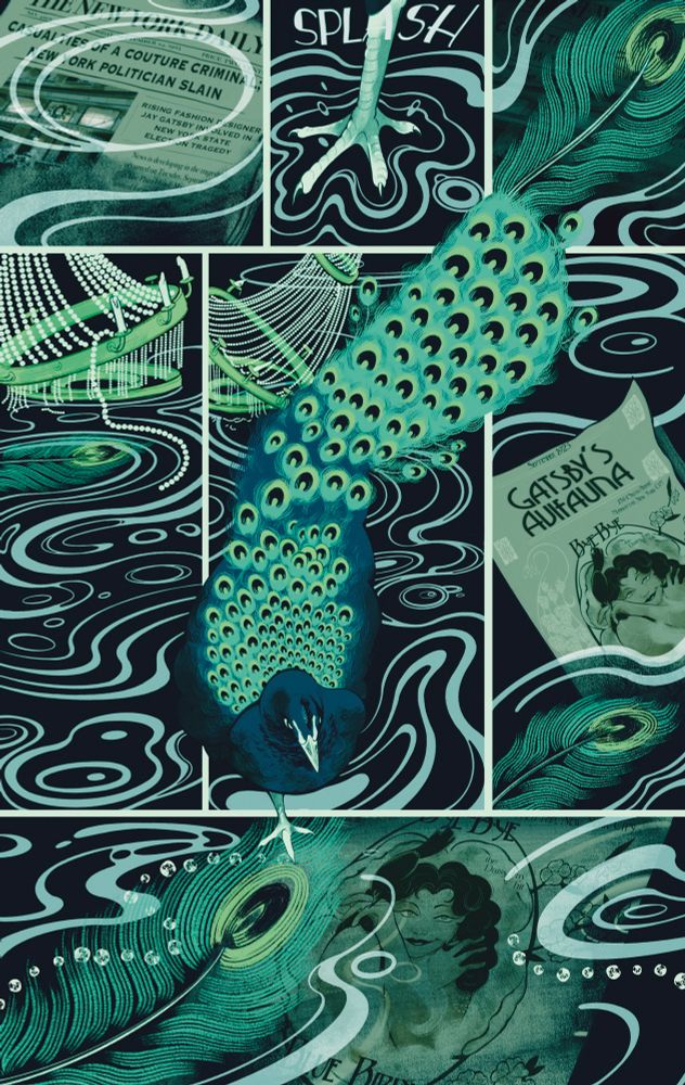 
Comic page from Gatsby pitch. A dark page where a deep blue peacock is walking through swirly water. Fallen chandeliers, feathers, and a playbook are on the ground.
