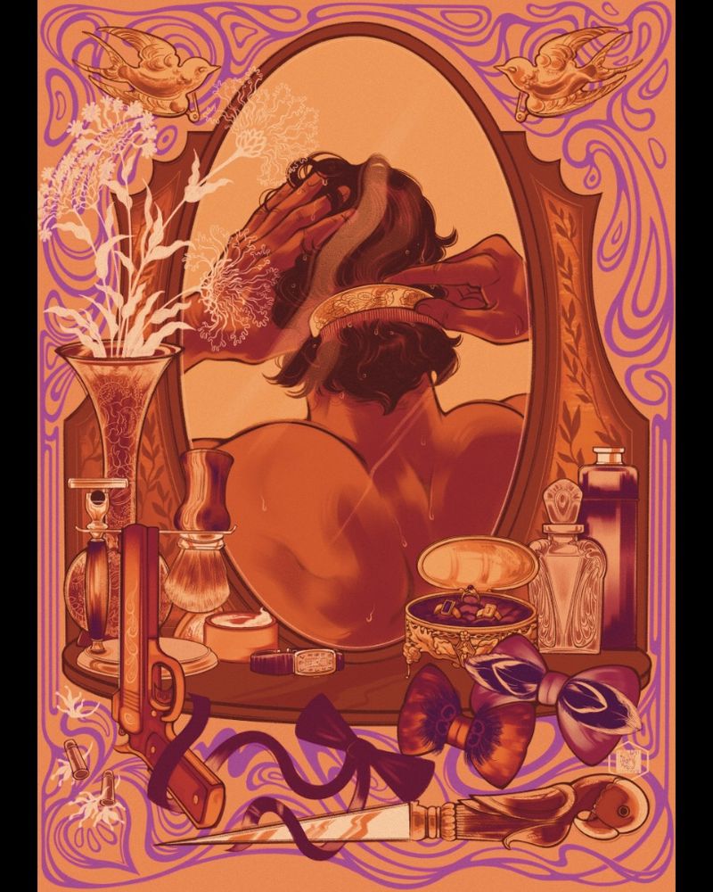 Gatsby at his vanity with bavk to viewer, cologne and bow ties around him