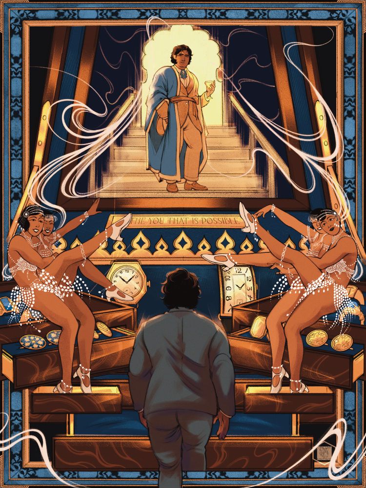 Gatsby walking up jewelry box filled with rings and watches, past showgirls in pearls, to a better version of himself in the mirror