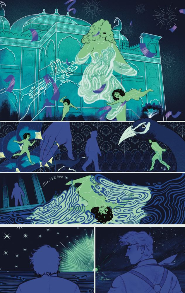 One comic page of Gatsby’s mansion, him walking through his garden, watching Daisy jump into the water, a panel of him looking at the green light, and the final panel is Nick looking at Gatsby. Strong art deco vibes
