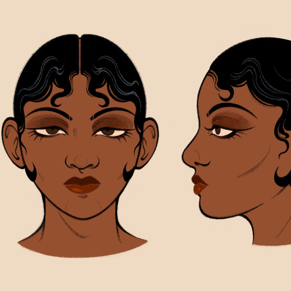 Jordan- AfroLatine dark skin woman with 1920s dark makeup and red lips. Classic 20’s finger waves hair style