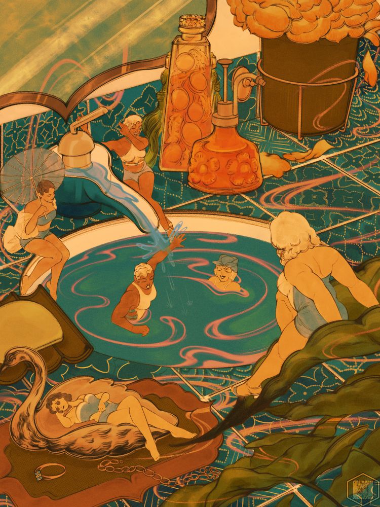 Illustration of miniature women swimming and basking at a bathing vanity sink