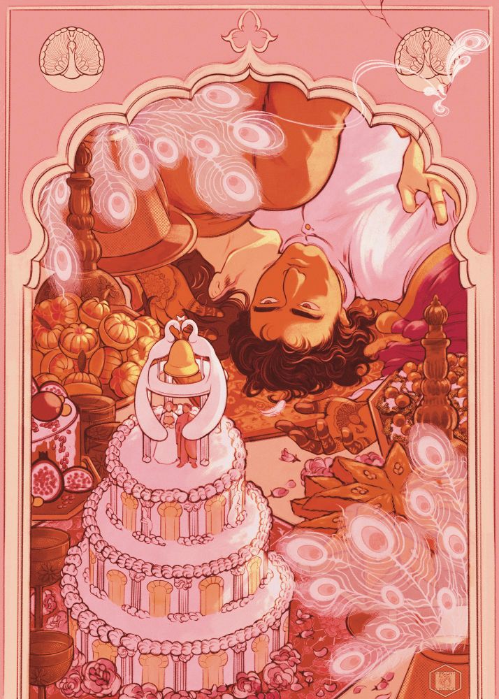 Gatsby and Nick embracing surrounded by a wedding cake and trwats 