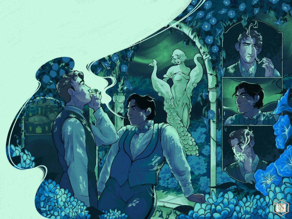Full illustration of Nick and Gatsby smoking in blue flower garden. Pale green figure holding two peacocks behind them. Right panel featuring Nick and Gatsby stealing glances