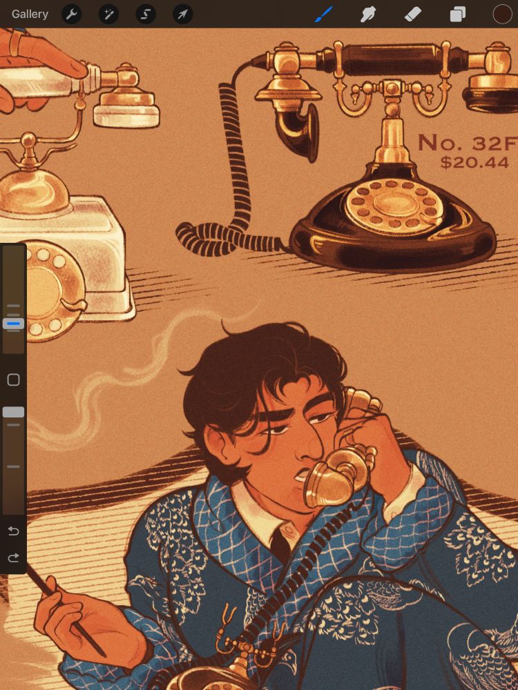 Procreate WIP of Gatsby on the phone with small phones above him
