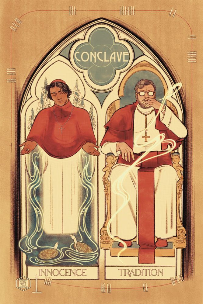 Illustration of Cardinal Benitez and Cardinal Tedesco in a chapel window frame. Benitez on the left with outstretched palms having water flow down to turtles. Tedesco on the right smoking his vape in the golden papal chair