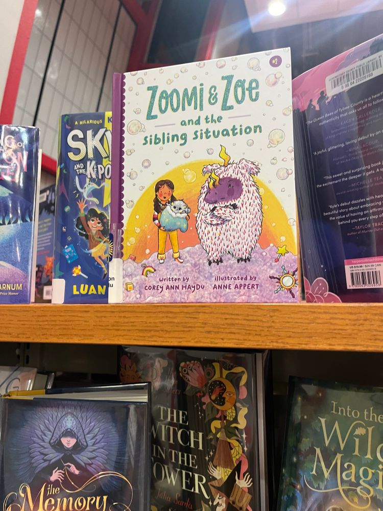 This is a photo of books displayed face out on a library shelf. In the center is Zoomi & Zoe and the Sibling Situation by Corey Ann Haydu illustrated by Anne Appert. 