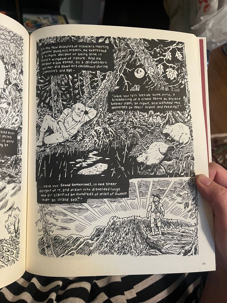 A comic page with two images. The first shows Johnny Appleseed reclining on the forest floor watching muskrats. The second shows him standing on a cliff watching a sunrise. 
