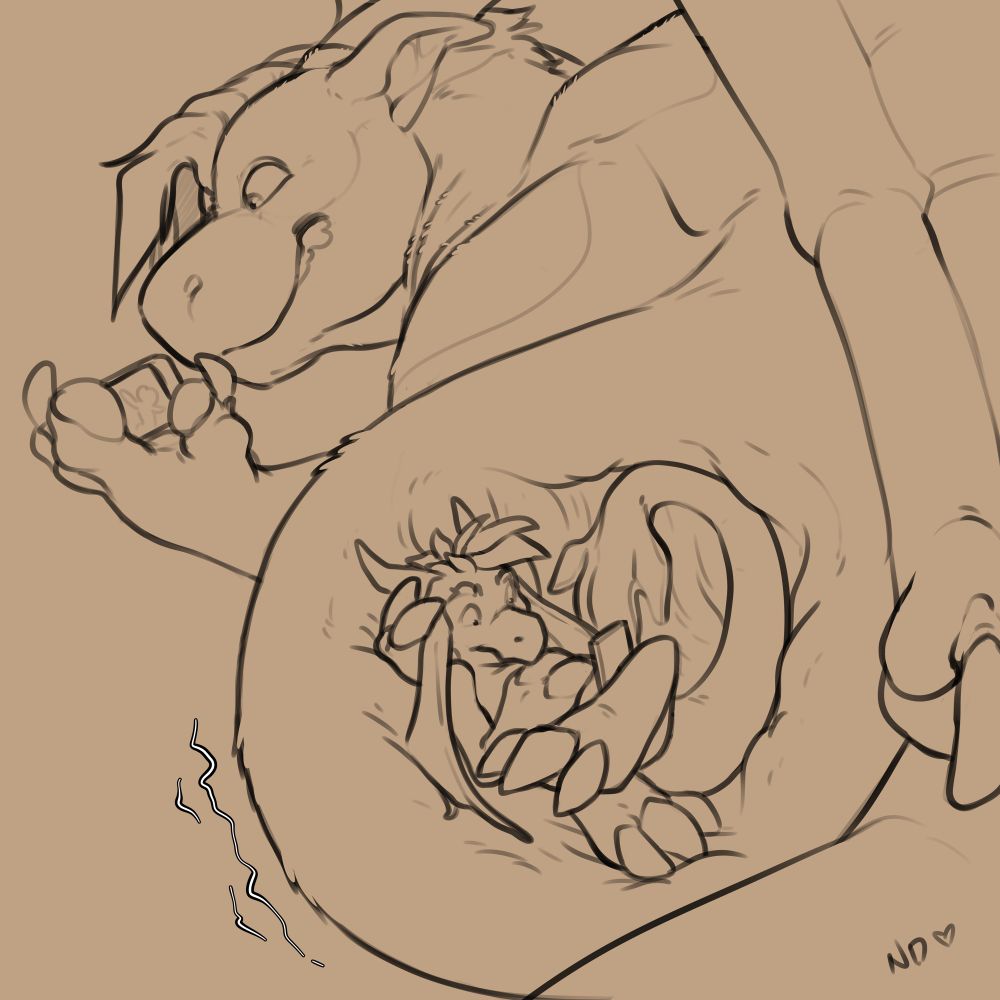 Sprout inside Droggo’s belly, both characters having “alone time” together. Both are watching something on their phones