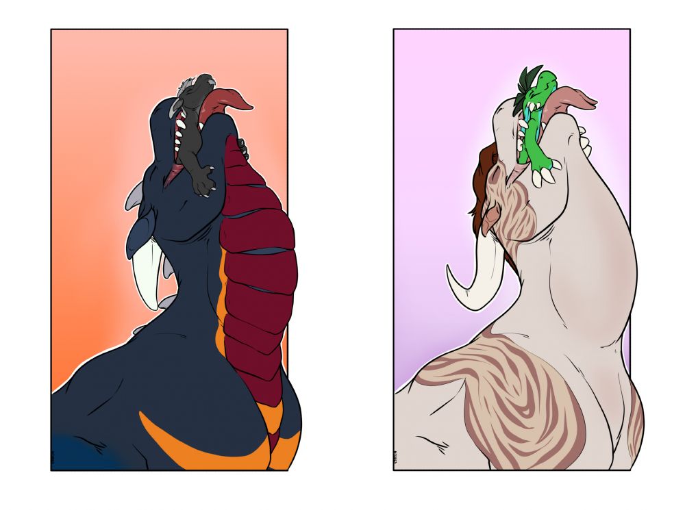 Large dragon predators swallowing smaller prey.