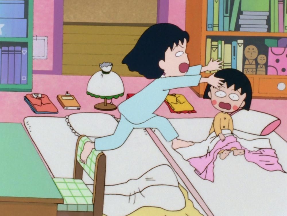 Sakiko valiantly leaps off of a chair in order to kill a mosquito