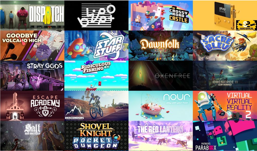 A collection of game title card images showcasing multiple games Plastic Fern Studios has worked on including Dispatch, Blippo+, Crossy Road Castle, Playdate, Goodbye Volcano High, Star Stuff, Dawnfolk, Sacre Bleu, Stray Gods, Ridiculous Fishing, Oxenfree, Oxenfree II, Escape Academy, Descenders, Nour, Virtual Virtual Reality 2, Salt and Sanctuary, Shovel Knight Pocket Dungeon, The Red Lantern, and Patrick's Parabox