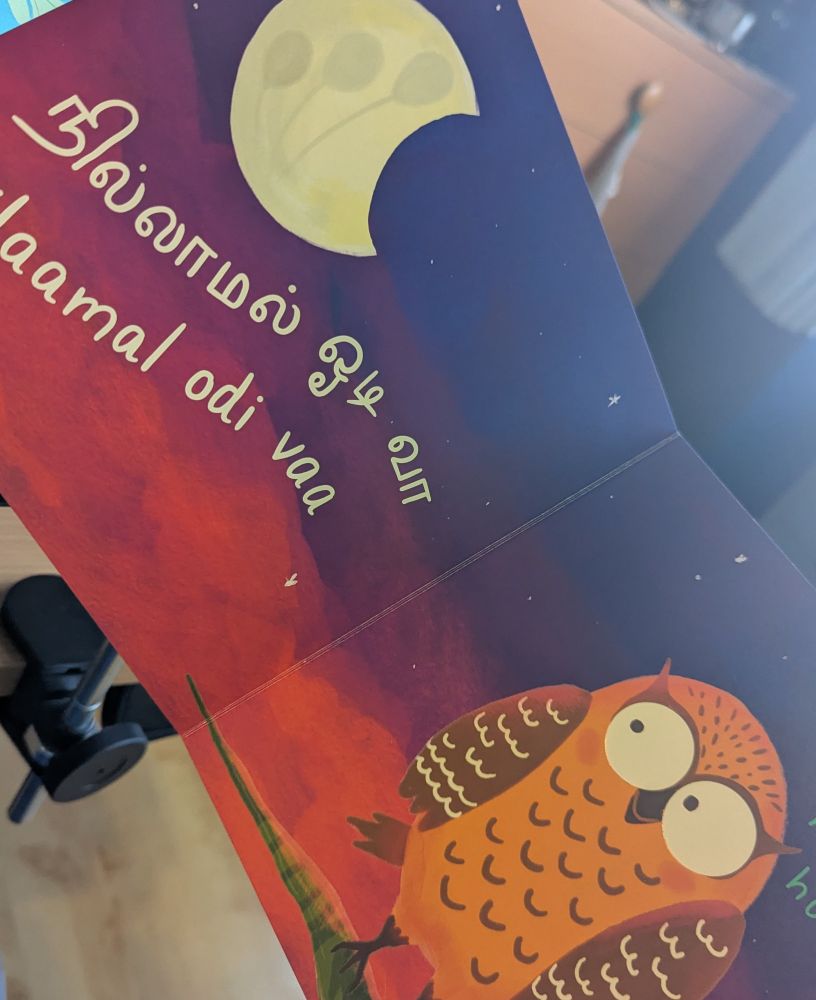 Inside spread from a board book with large graphic owl and moon in night sky. Text in English and in Tamil.