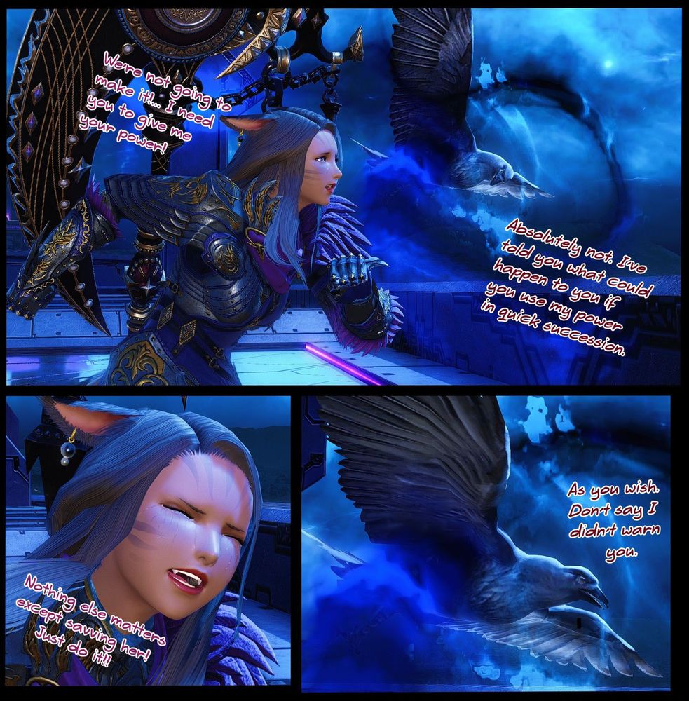 a three panel set of images featuring Keiki Mhusa, and her Voidpact bird.

Keiki is running towards a ledge & the bird is flying, Keiki looks very concerned and is slightly crying. There's text from Keiki that reads "We're not going to make it!... I need you to give me your power!" to the bird. the bird replies "Absolutely not. I've told you what could happen to you if your use my power in quick succession."

The second panel is Keiki fully crying and shaking her head, there's text from her that reads "Nothing else matters except saving her! Just do it!"

There's a third panel which is focused solely on the bird, the bird looks forward and replies "As you wish. Don't say I didn't warn you."