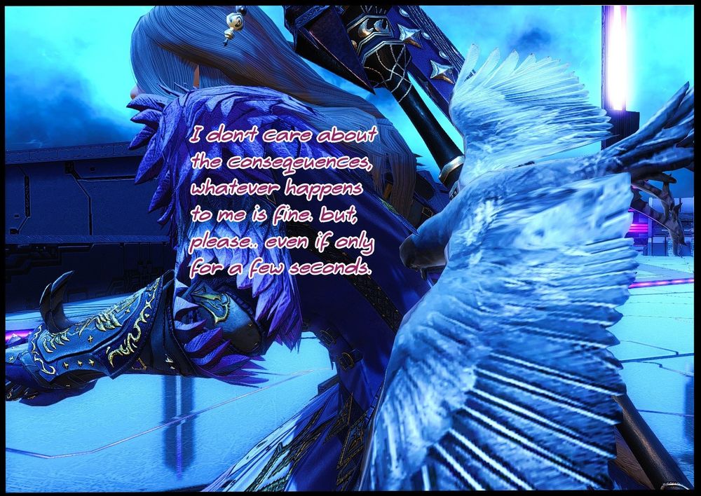a single image of Keiki Mhusa & her voidpact bird, Keiki is still running towards the ledge, and the bird is flying into Keiki's back as if to give her it's power. there's text from Keiki which reads "I dno't care about the consequences, whatever happens to me is fine. but, please.. even if only for a few seconds"