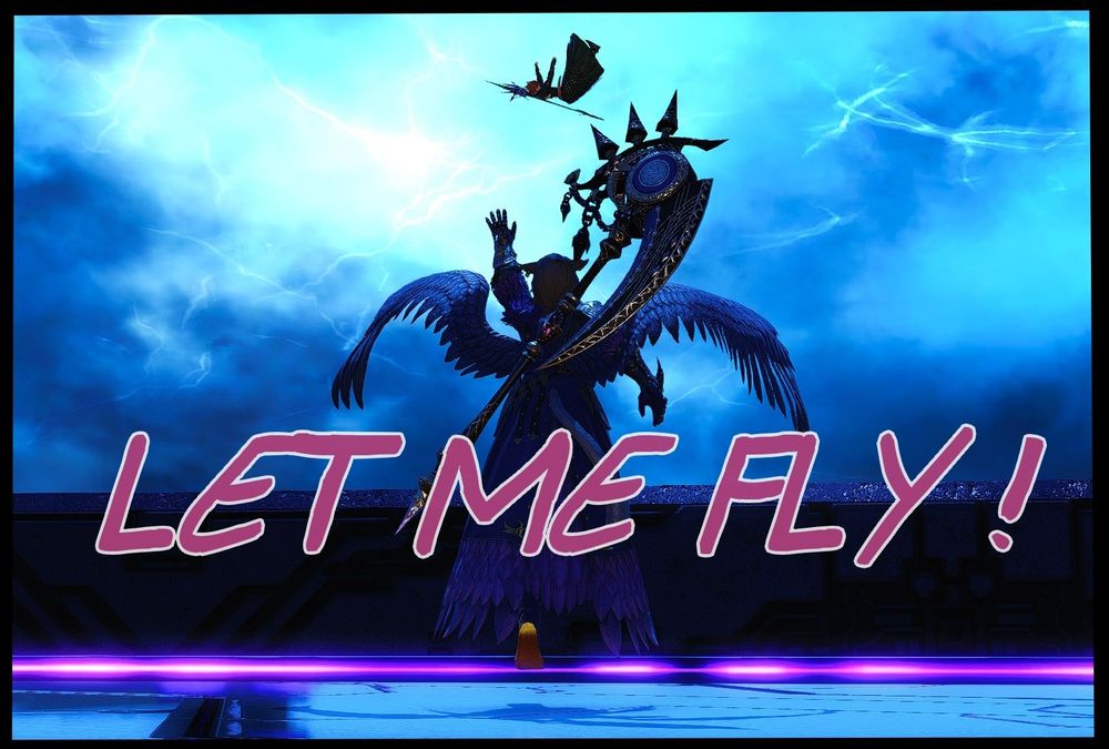 a single image of Keiki Mhusa & the lightning sky of Heretidge found, Quetzel is falling from the sky and appears to be unconscious. Keiki is jumping off the ground near a ledge and reaching to the sky with her left arm, her right arm going backwards, the voidpact bird has given Keiki it's power, and wings are growing from her back. There is a large block of text on the screen which says "LET ME FLY !"