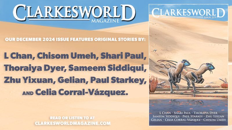 Cover art by Alex Ries is titled "Water's Edge." Two aliens make their way to the edge of the water. Sand dunes occupy the background under a blue sky. Aliens resemble raptors in form, but with fur, six limbs and four eye stalks.