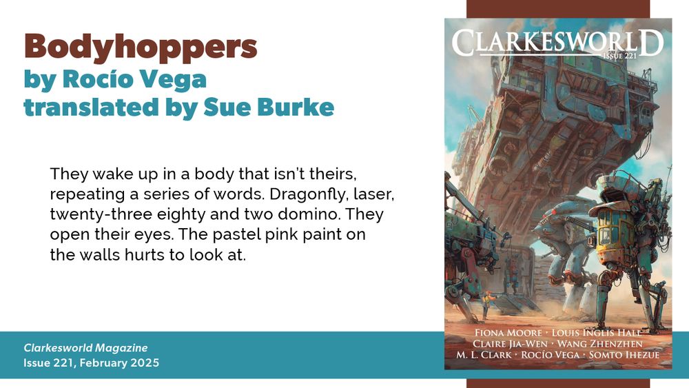 "They wake up in a body that isn’t theirs, repeating a series of words. Dragonfly, laser, twenty-three eighty and two domino. They open their eyes. The pastel pink paint on the walls hurts to look at."

Cover art by Hamish Frater features colorful, but rusty mechs in a row outside a craft. The ground is dirt and rocks, the sky blue with clouds. A figure by the craft is dressed in a yellow shirt and orange hat. They appear to be directing the unloading.