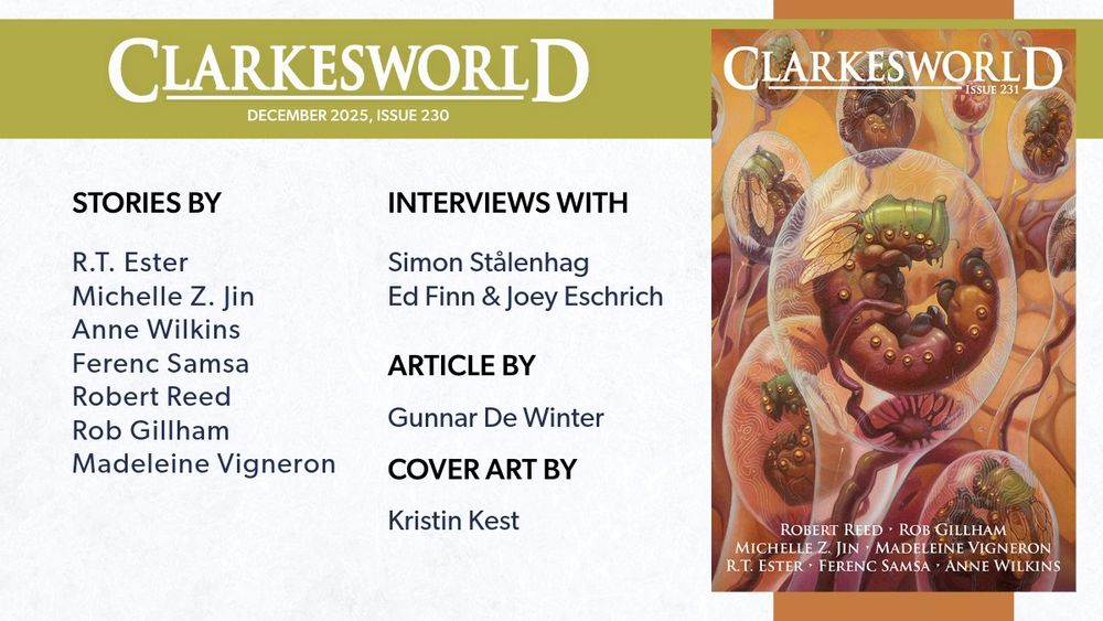 The cover for issue 231 is "The Brood" by Kristen Kest. Image features transparent egg sacks with winged insects in various stages of development. Scene is mostly tans and browns, but the insects' heads are green.