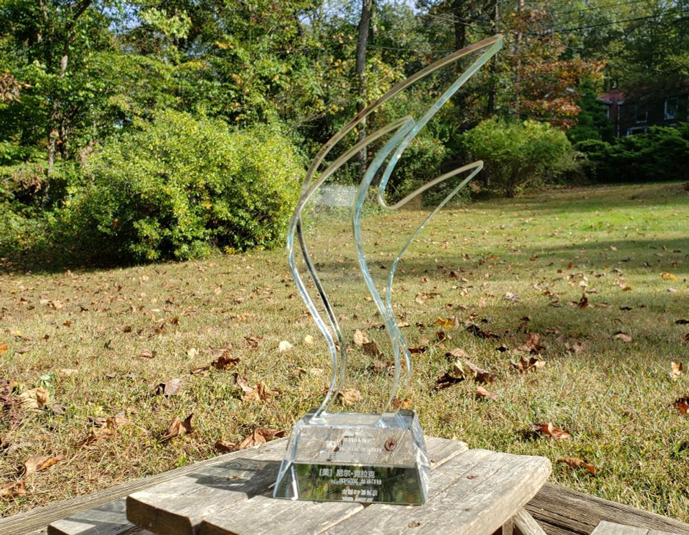 Galaxy Award on a little picnic table in front of trees.