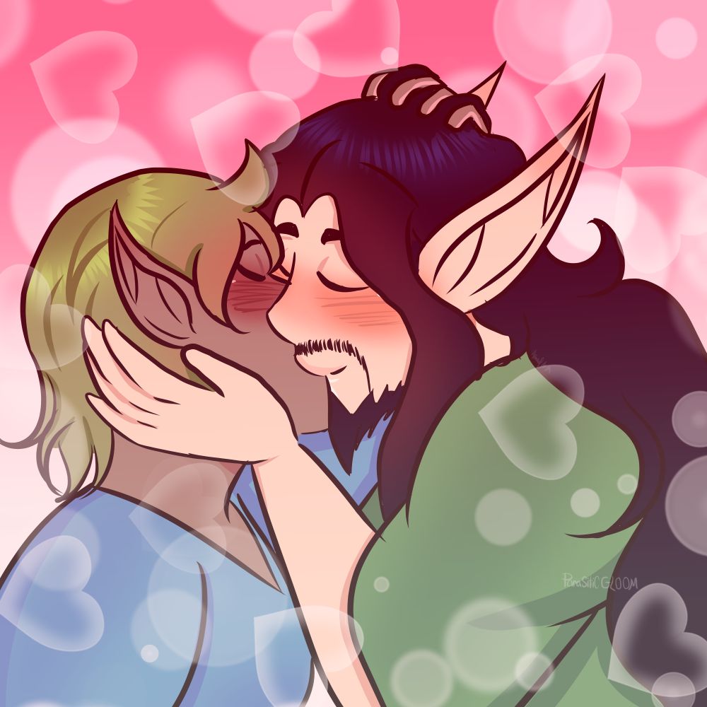 Two fae kissing (left: Tadpole, he/they Right: Stratos, He/him pref)