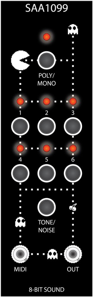 A black Eurorack module for a module with MIDI in to a SAA1089 sound generator chip. There are a few of the Pac-Man sprites scattered around on the front panel 