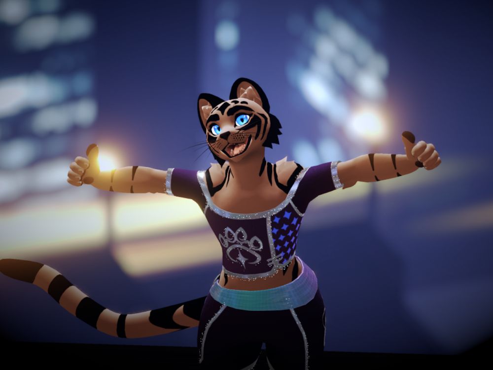 The best white tiger vr chat character wearking the furality somna outfit while smiling in the camera.