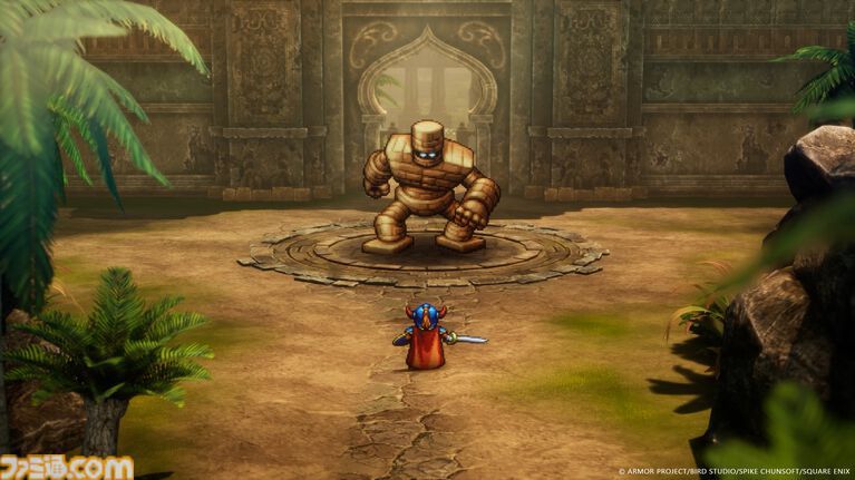 Screenshot from the Dragon Quest 1 HD2D Remake. The Hero is about to fight a giant stone golem by himself.