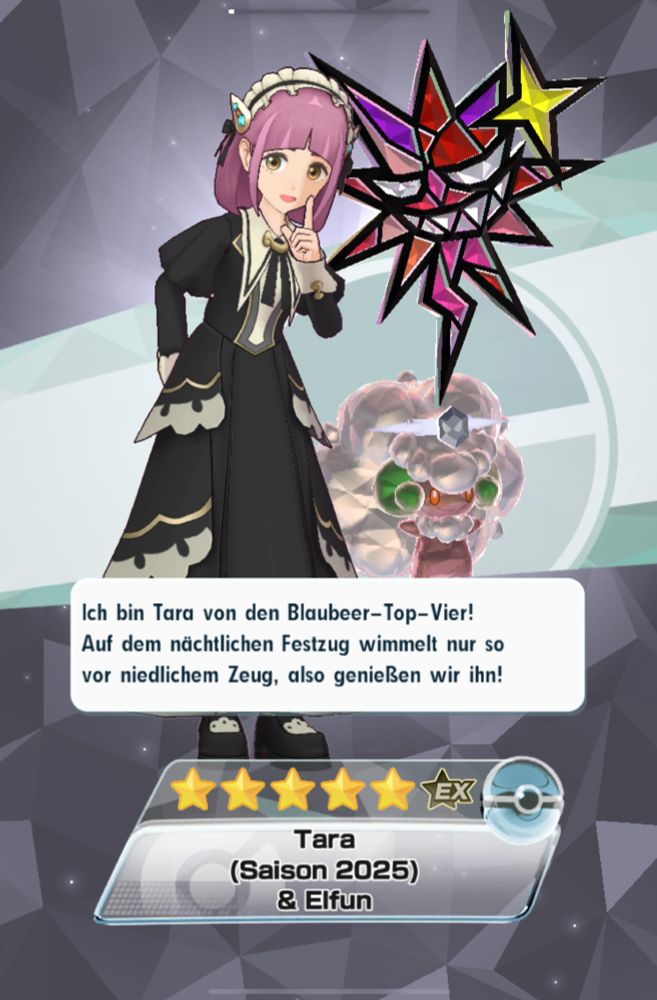 Pokémon Masters EX screenshot: Lacey (Tara / タロ) in her Halloween costume with her partner Whimsicott.