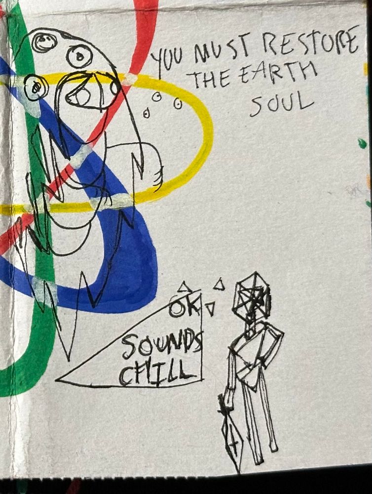 in the top left, a character named gridlock is floating in red yellow and green intersecting hoops (these are the only colors, and the rest of the hoop is cut off the page to only show half the hoops in the corner) he has a small head with bug eyes, and a bug body, he has a shell like a turtle and it cloaks down with spikey edges, it has eyes on the top back and side(the back and one side arent visible) , his arms are like a moths. he said  "you must restore the earth soul" to the character in the bottom right, his name is chiron, who is leaning on his sword, he's entirely made of squares triangles and rectangles with a big cube head that has a pyramid in the middle, his body is two upside down triangles, he said "ok sounds chill", he should be taking it more seriously 