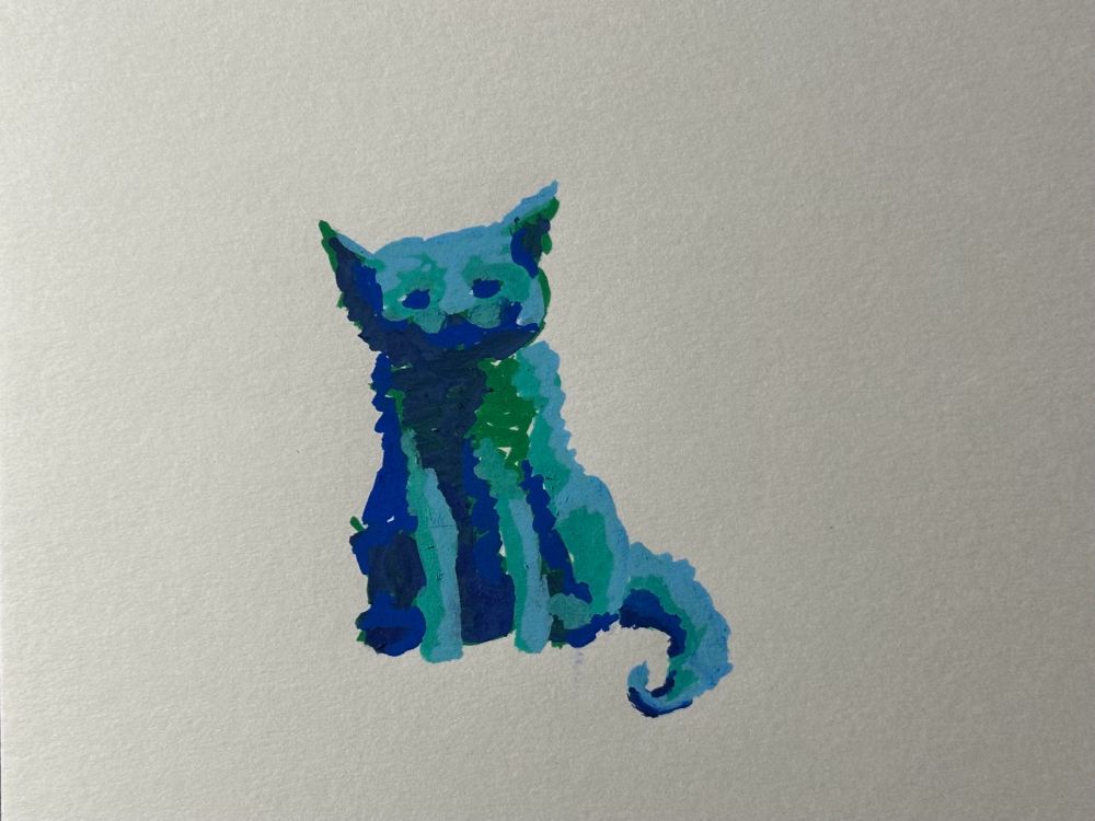 a drawn fluffy blue cat sitting and looking towards you, shading and lighting is blocky dark blues and then greens teals and light blues,,  and hes a little creepy smile with one ear pointed to the right side like he heard something but otherwise kinda cute