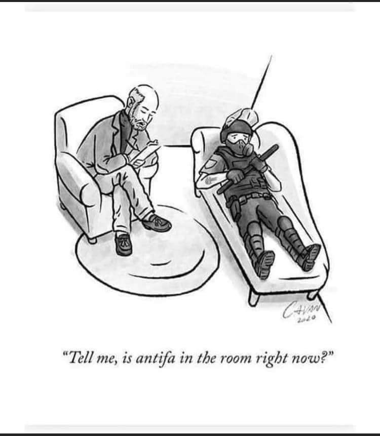 Cartoon of a male therapist in a chair taking notes while a masked and helmeted "cop" in riot gear lies on the couch clutching his baton. Caption says: "Tell me, is antifa in the room right now?"