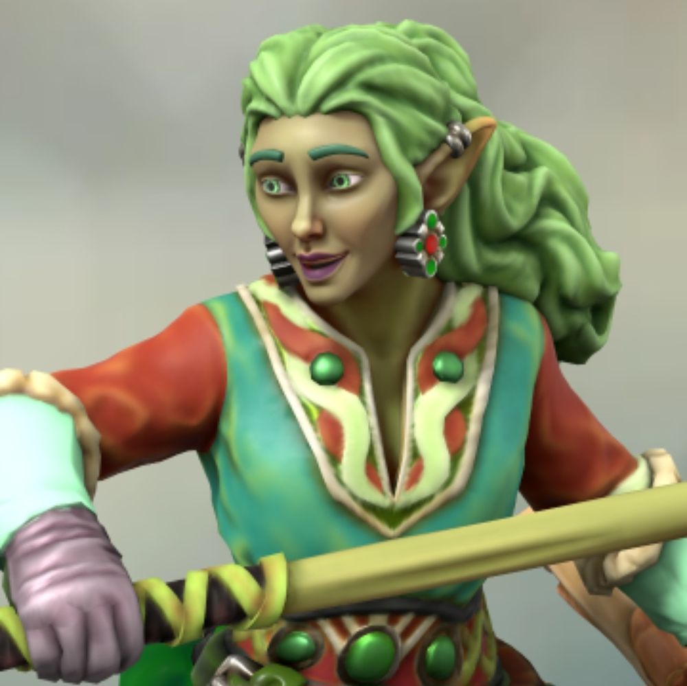 A green haired Eladrin ranger from Heroforge's mini figure character creator 