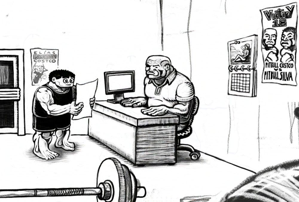 cartoon depiction of the inside of a martial arts gym, a pair of heavily-muscled men, one younger and one older, are discussing a poster.