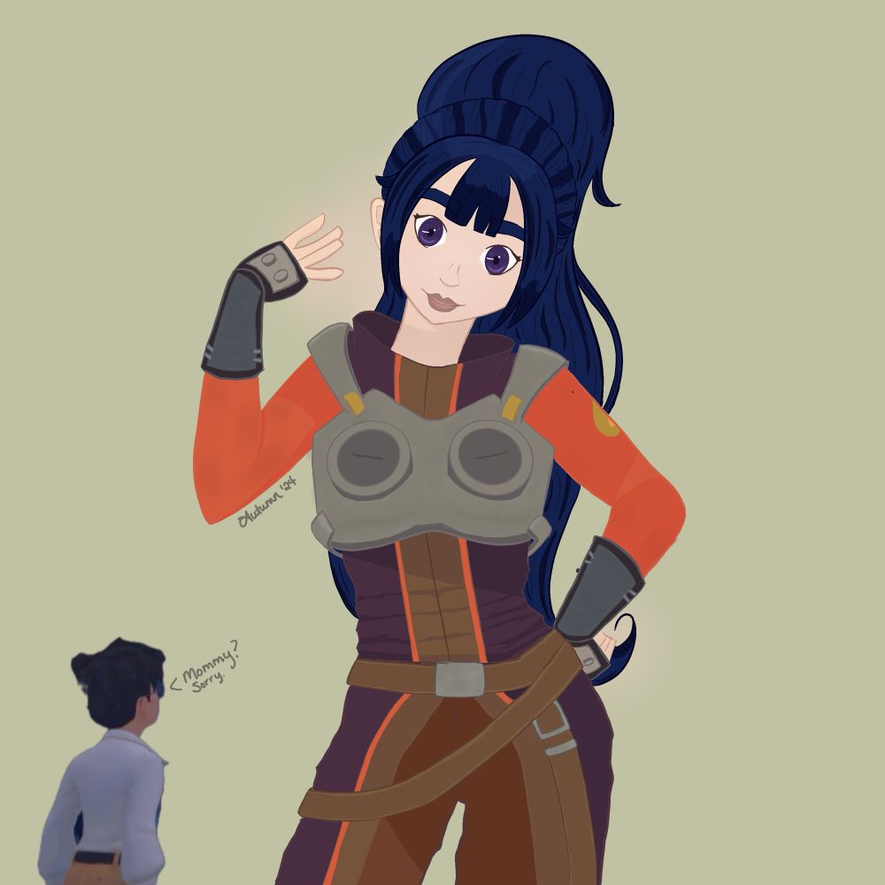 Original art of OC Autumn. White skin with barely seen freckles, large purple eyes, long flowing dark blue hair up in a ponytail and dressed in an orange and purple jumpsuit with a metal breastplate, black gloves, and brown utility belt. 