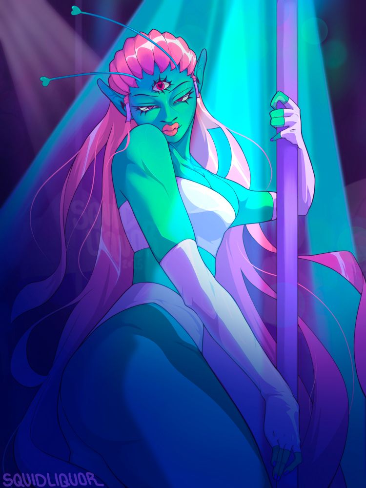 a green skinned, pink haired, 3 eyed alien girl swinging around a pole. club lights bounce off her skin as she gazes at you, hair flowing weightlessly.