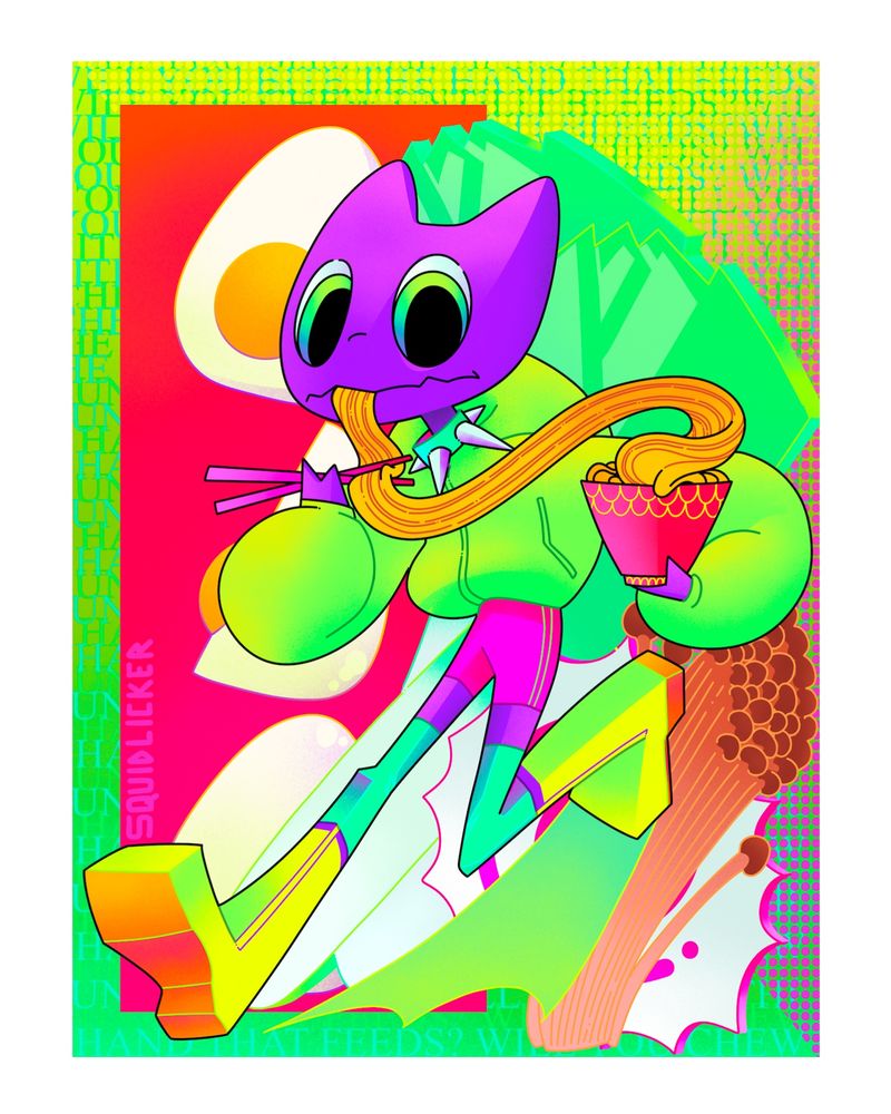 a cartoonish purple bat in a neon green jacket, blue spiked collar, pink shorts, tall blue socks, and big neon green boots. He is running stage right slurping up some tasty ramen noodles.